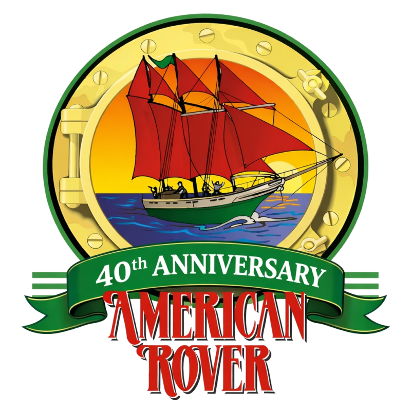 Sailing ship with red sails, text '40th Anniversary American Rover' on a nautical design.